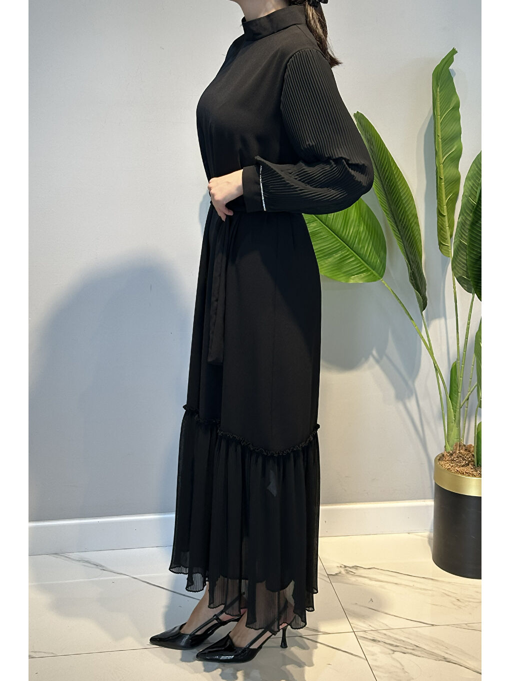 Pilise Detay Kuşaklı Elbise 5508 Siyah-2