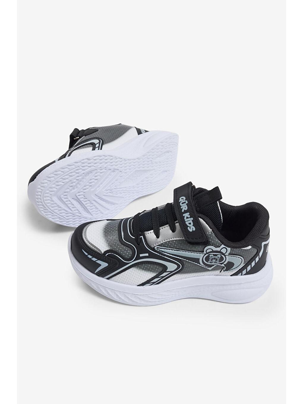 Çocuk Unisex Siyah Beyaz Eva Faylon Taban Çocuk Unısex Cırtlı Lastik Bağcıklı Spor Ayakkabı-3