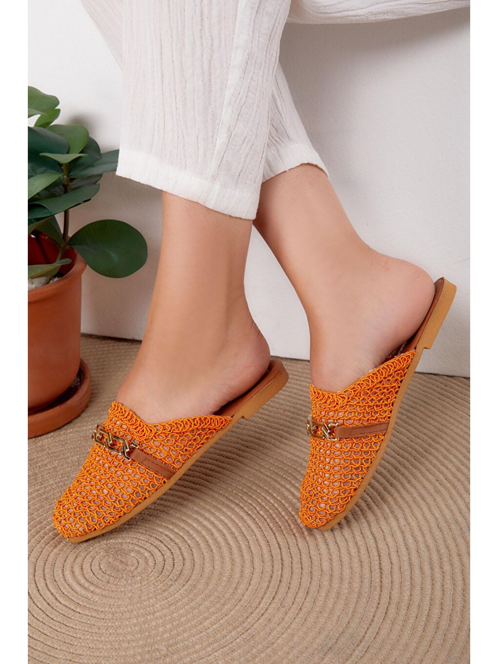 Kadın Turuncu Hasır Zincirli Terlik - 25534-1