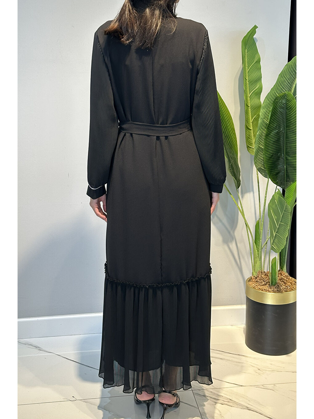 Pilise Detay Kuşaklı Elbise 5508 Siyah-3