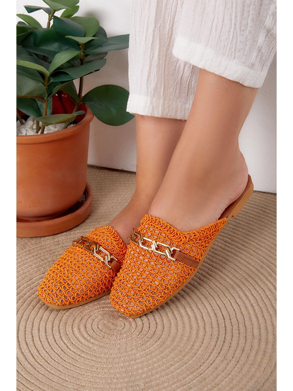 Kadın Turuncu Hasır Zincirli Terlik - 25534-2