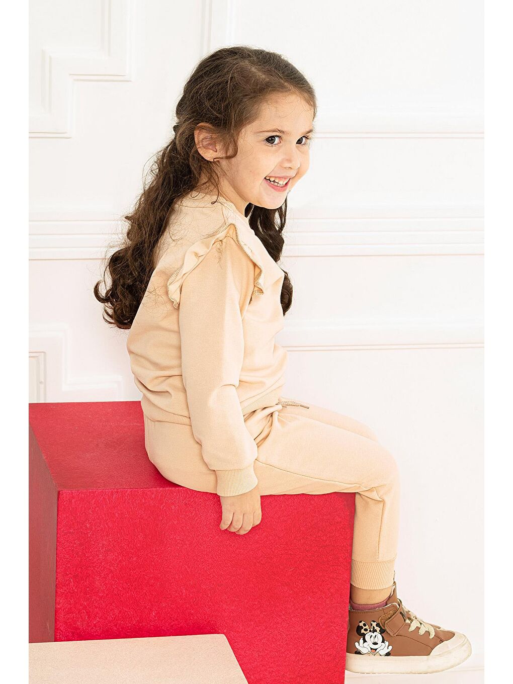 Bej Bisiklet Yaka Kız Çocuk Eşofman Takım-1