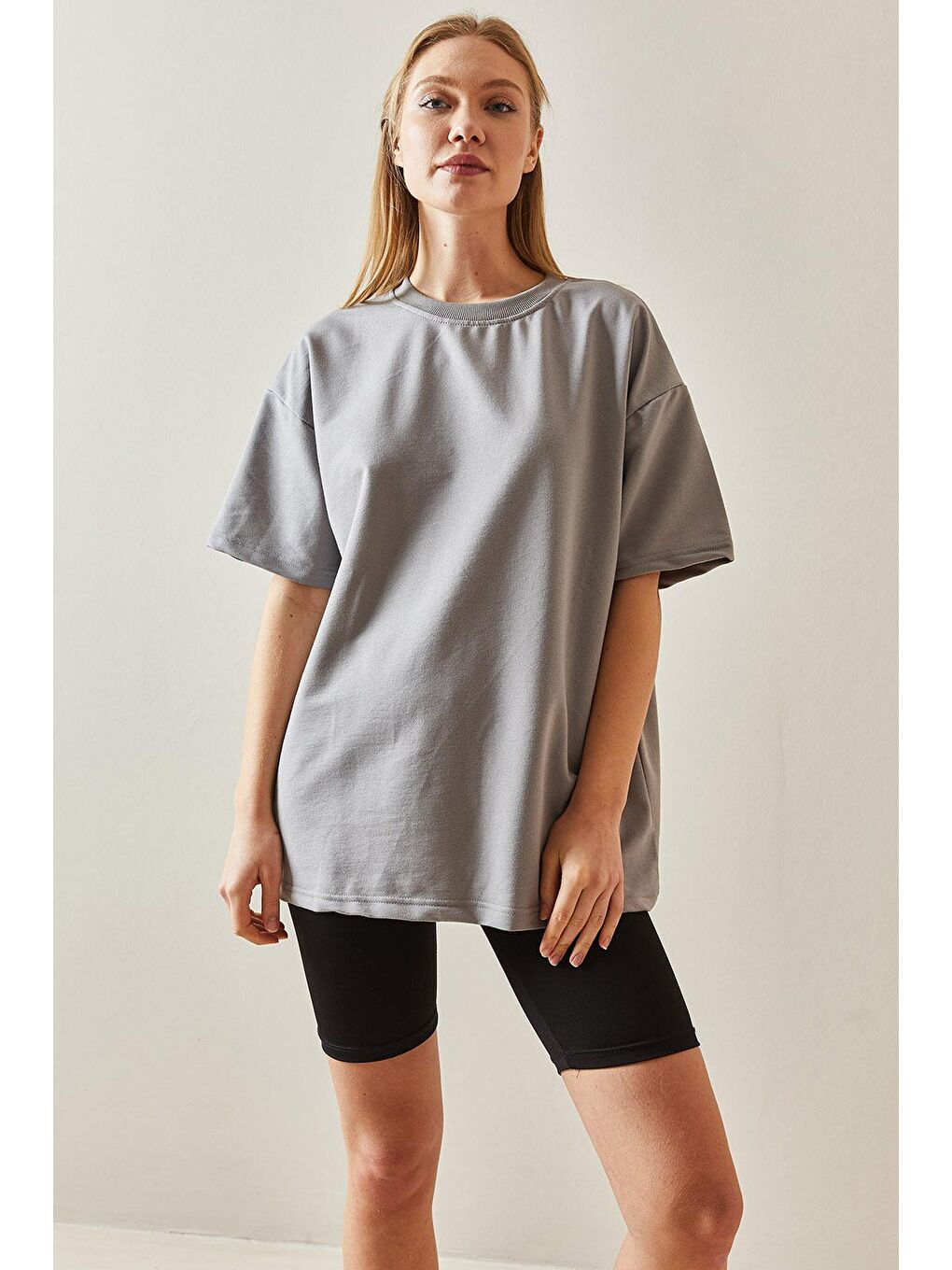 XHAN Gri Gümüş Oversize Basic T-Shirt 3YXK1-47087-23 - 1