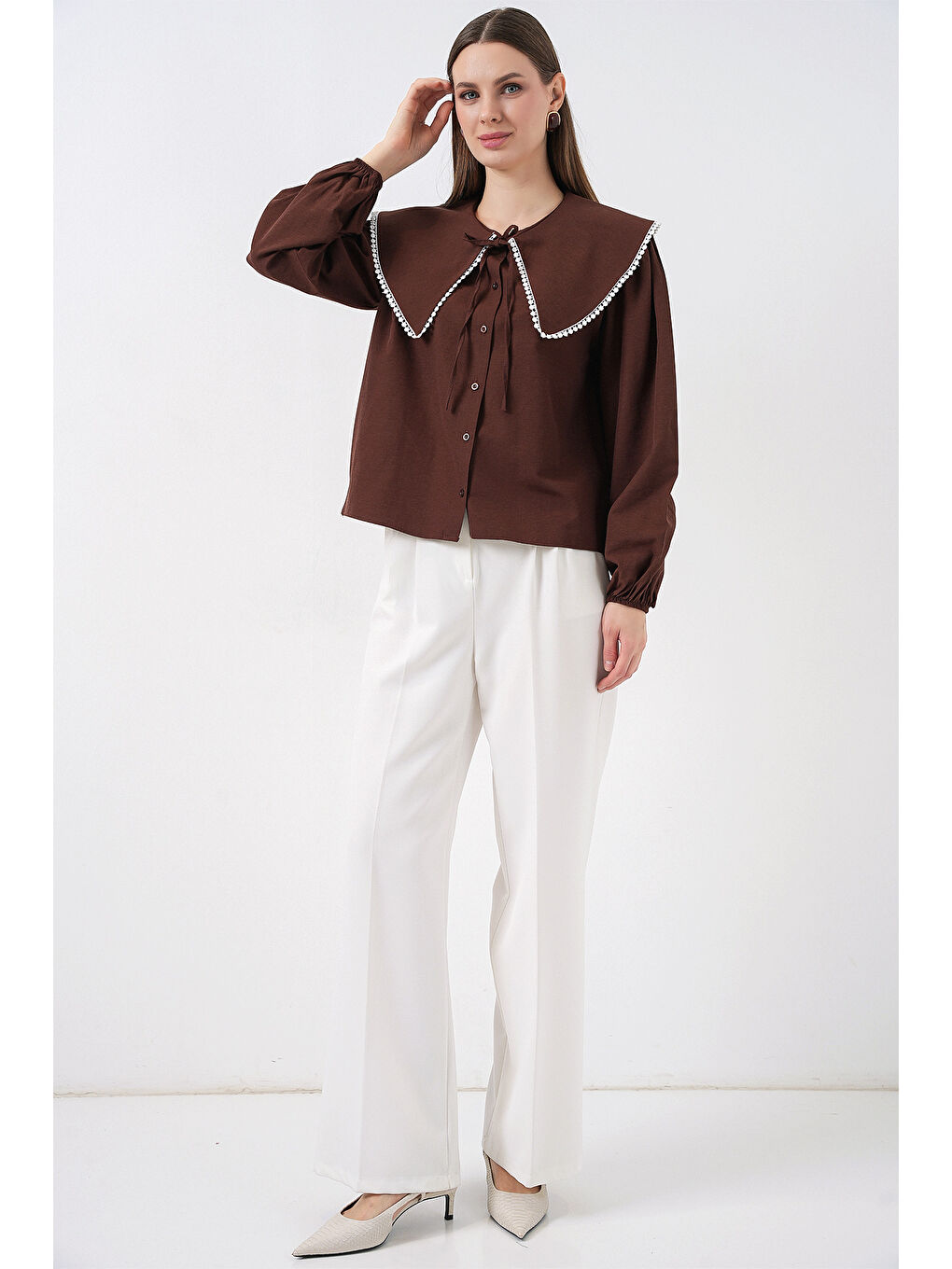 Kadın Bebe Yaka Gömlek 20314 - Kahverengi-1