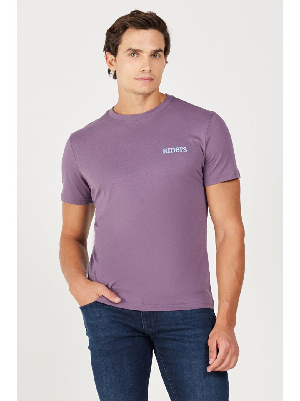 Regular Fit Normal Kesim %100 Pamuk Bisiklet Yaka Mor Tişört-1