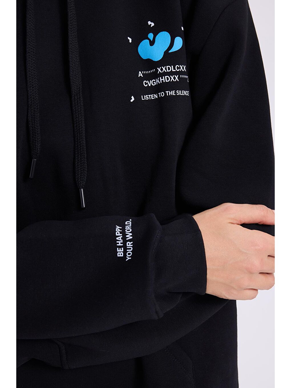 Kadın Oversize Geniş Kesim Pamuklu Yumuşak Dokulu İçi Polarlı Baskılı Siyah Kapüşonlu Sweatshirt-2