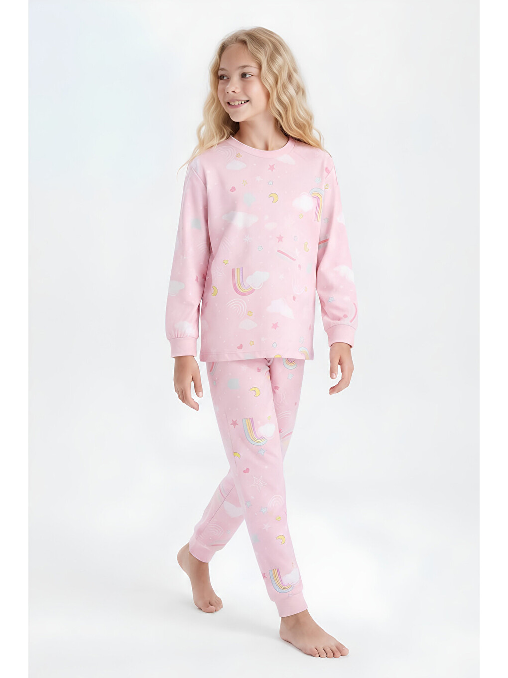 Pembe %100 Pamuk Ve Baskılı Kız Çocuk Pijama Takımı 8-13 Yaş 12739ıs