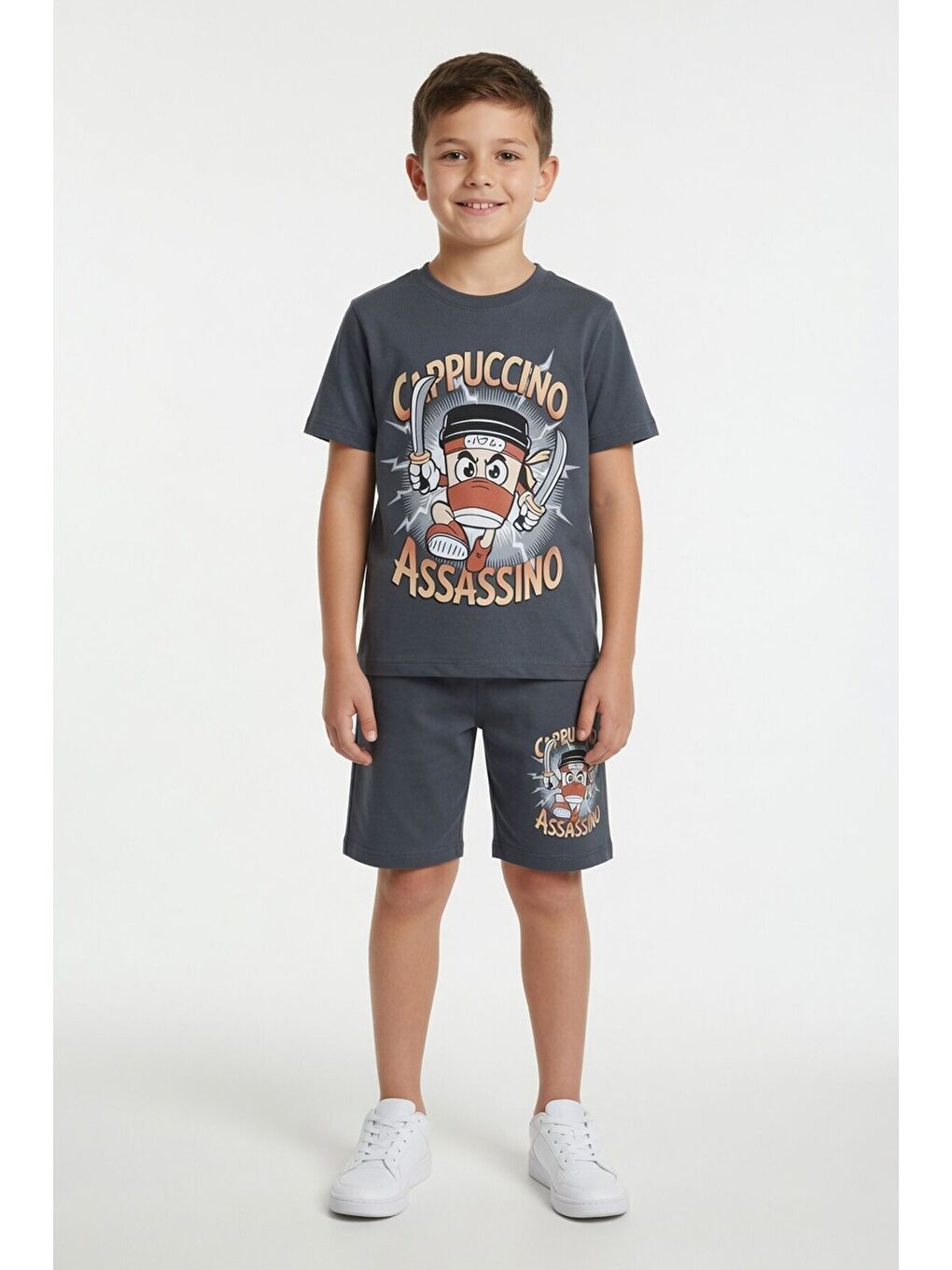 Gri Füme Karakter Baskılı Bisiklet Yaka Tişörtlü Erkek Çocuk Şortlu Takım 23844