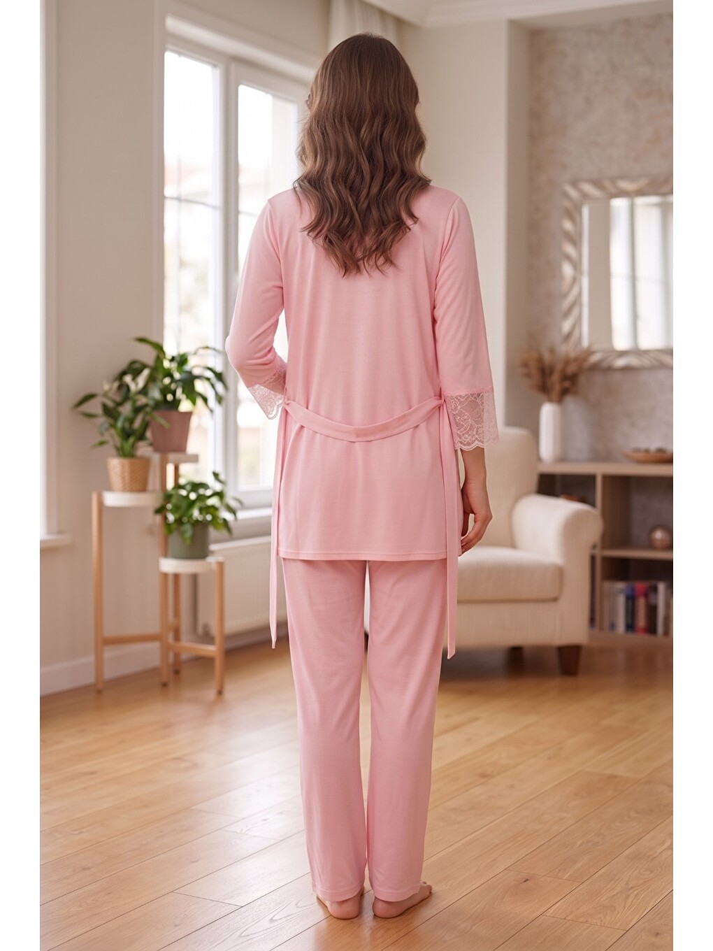 Pembe Rosette Çiçek Desenli Dantel Detaylı Sabahlıklı Hamile Ve Lohusa Pijama Takımı-1