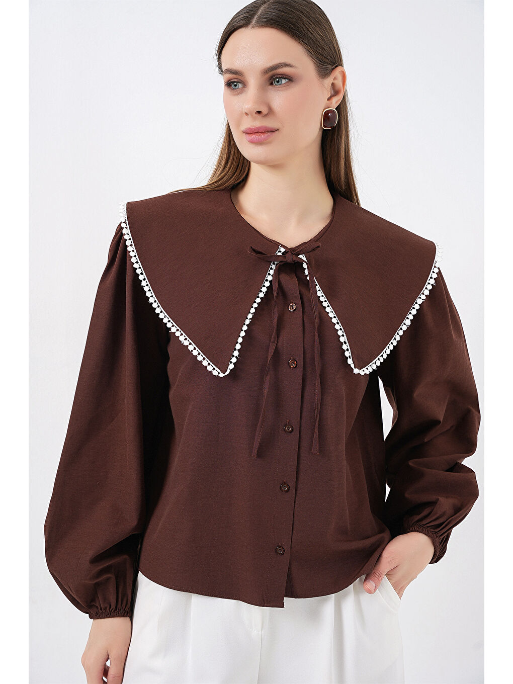 Kadın Bebe Yaka Gömlek 20314 - Kahverengi-2