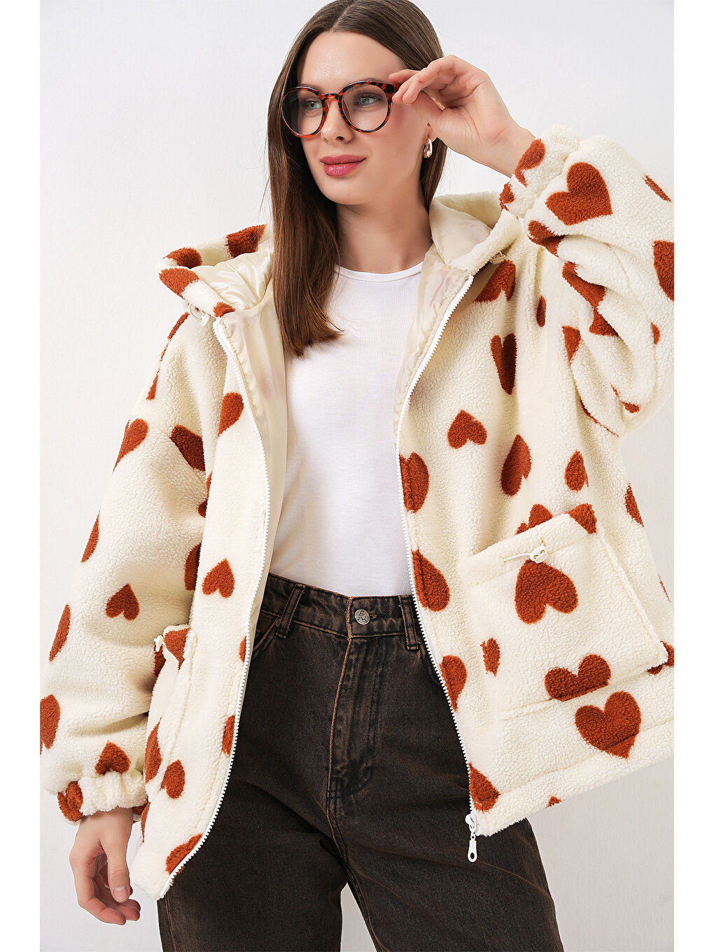 Kahverengi Kadın Kapüşonlu Pelüş Ceket 5236 - Taba