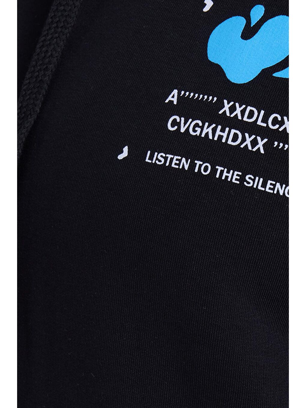 Kadın Oversize Geniş Kesim Pamuklu Yumuşak Dokulu İçi Polarlı Baskılı Siyah Kapüşonlu Sweatshirt-5