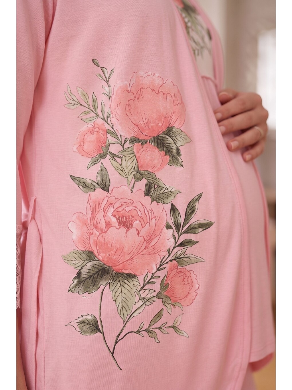 Pembe Rosette Çiçek Desenli Dantel Detaylı Sabahlıklı Hamile Ve Lohusa Pijama Takımı-2