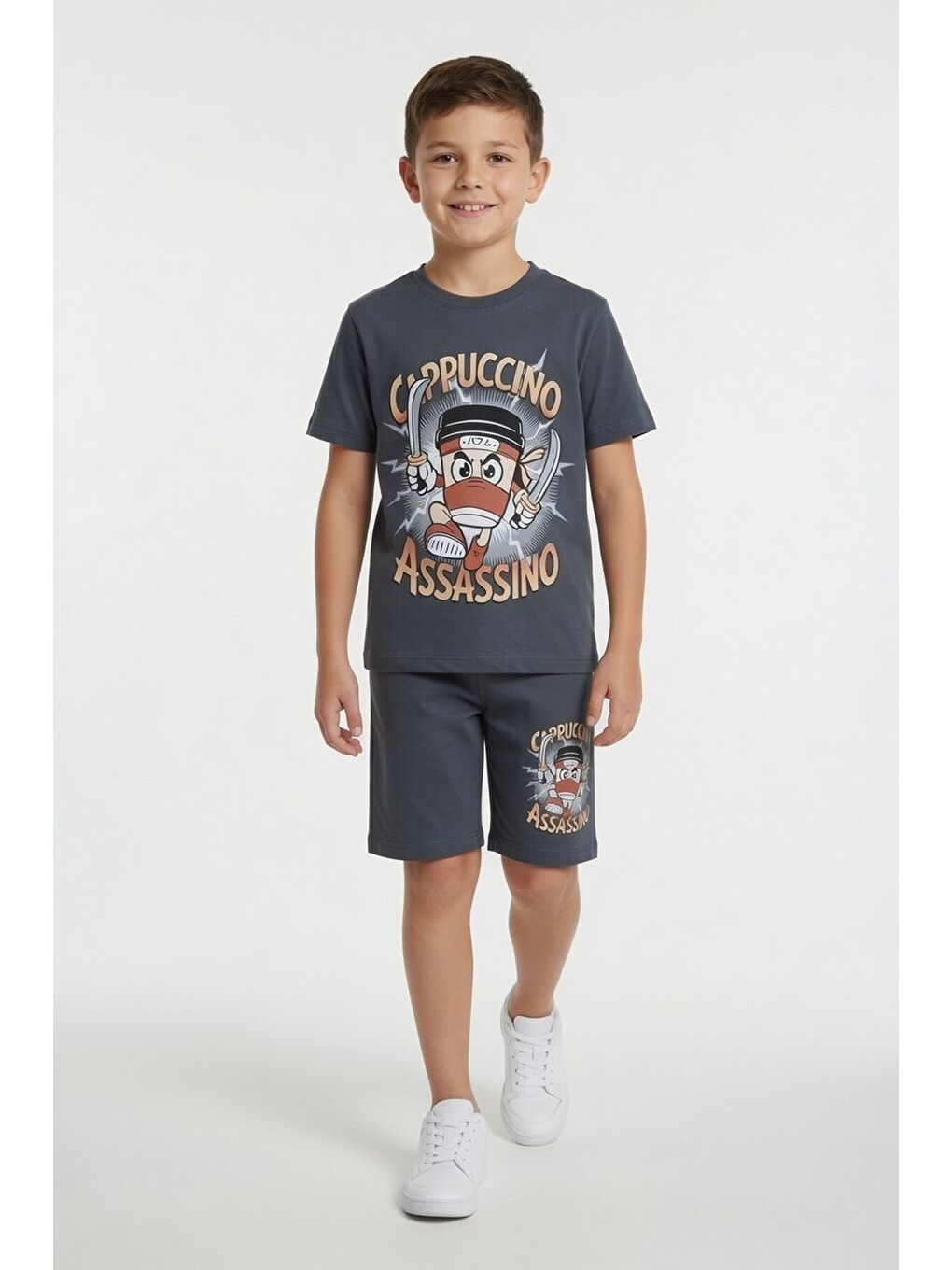 Gri Füme Karakter Baskılı Bisiklet Yaka Tişörtlü Erkek Çocuk Şortlu Takım 23844-1