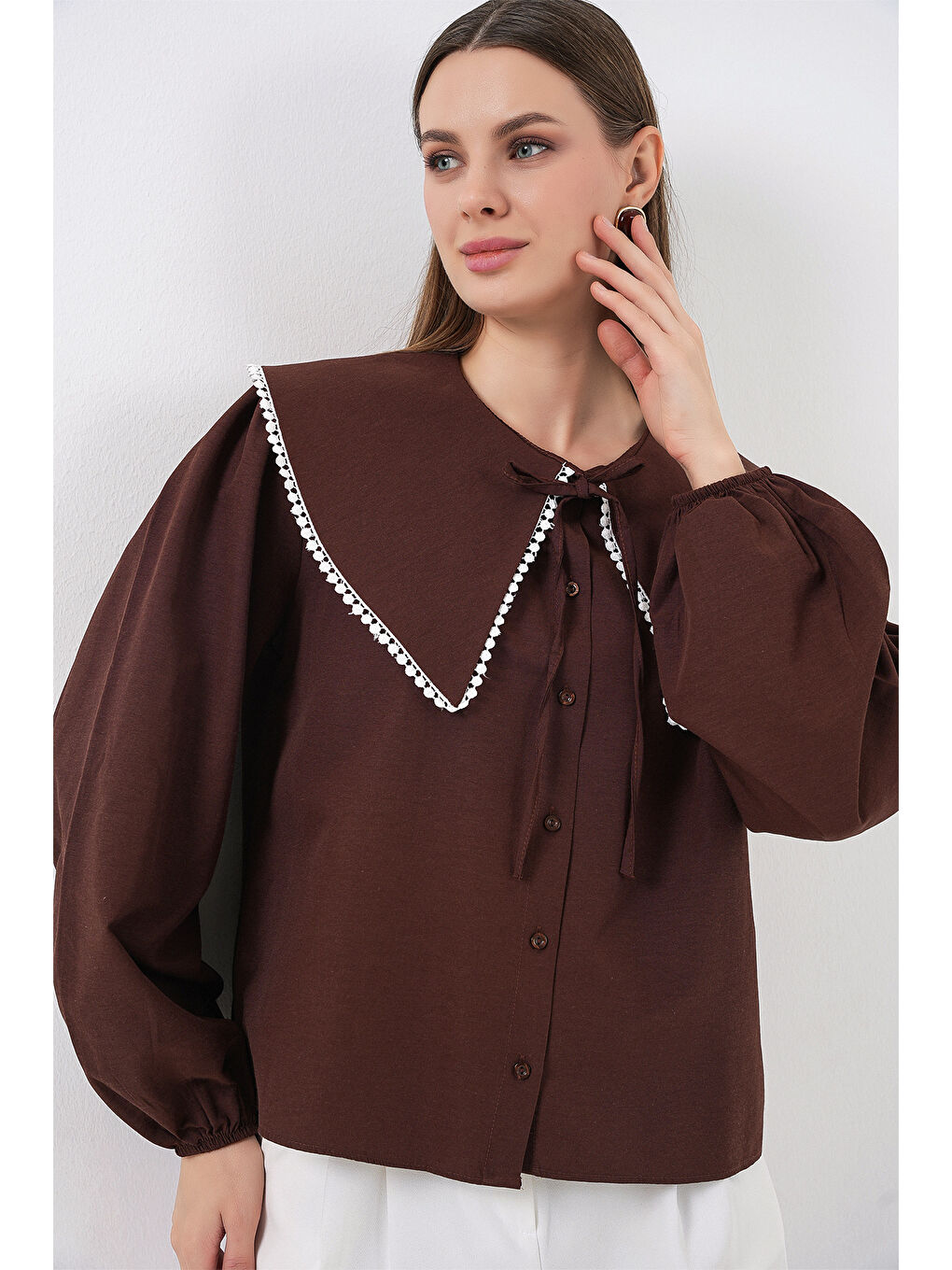 Kadın Bebe Yaka Gömlek 20314 - Kahverengi-3