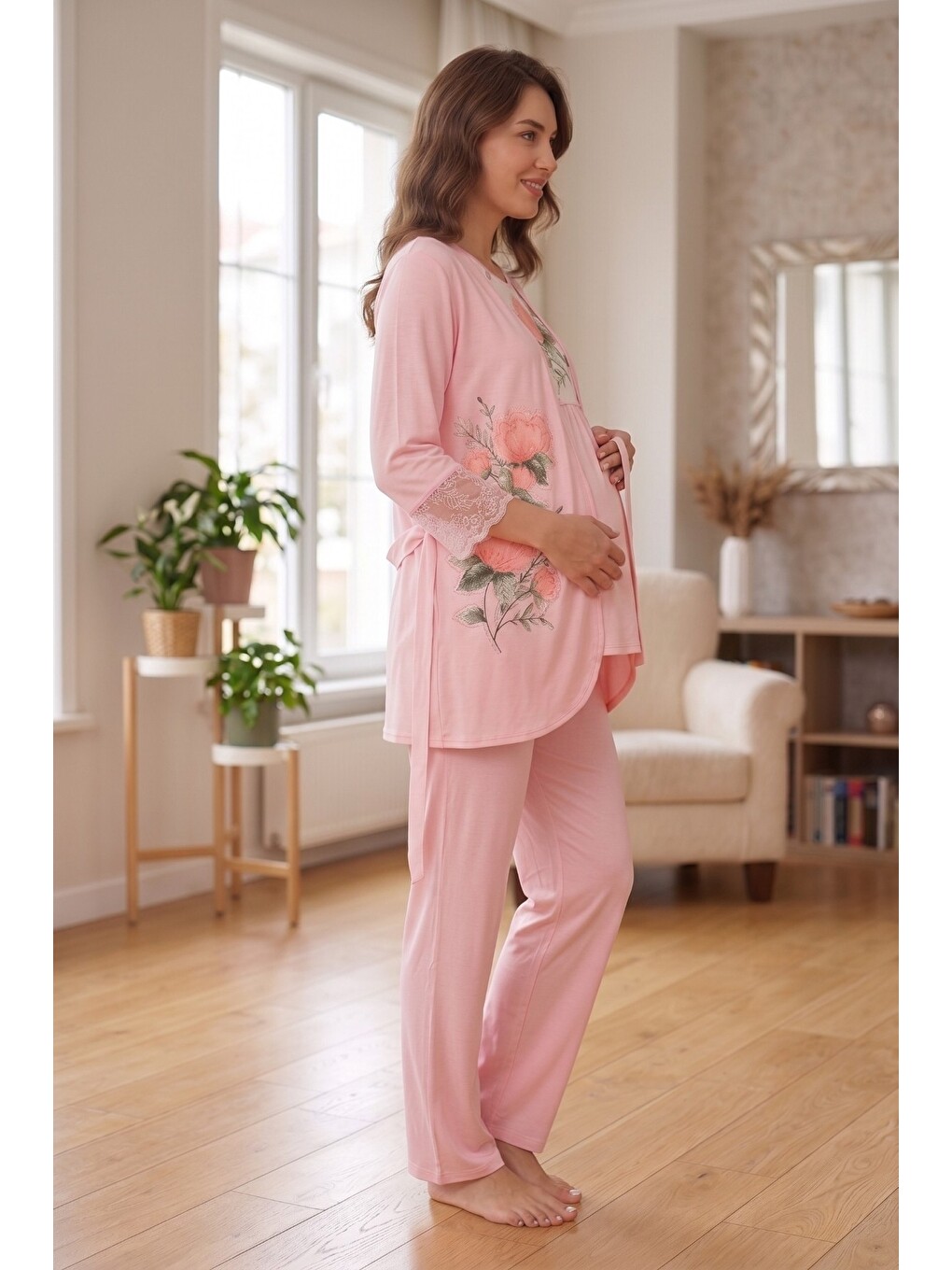 Pembe Rosette Çiçek Desenli Dantel Detaylı Sabahlıklı Hamile Ve Lohusa Pijama Takımı-3