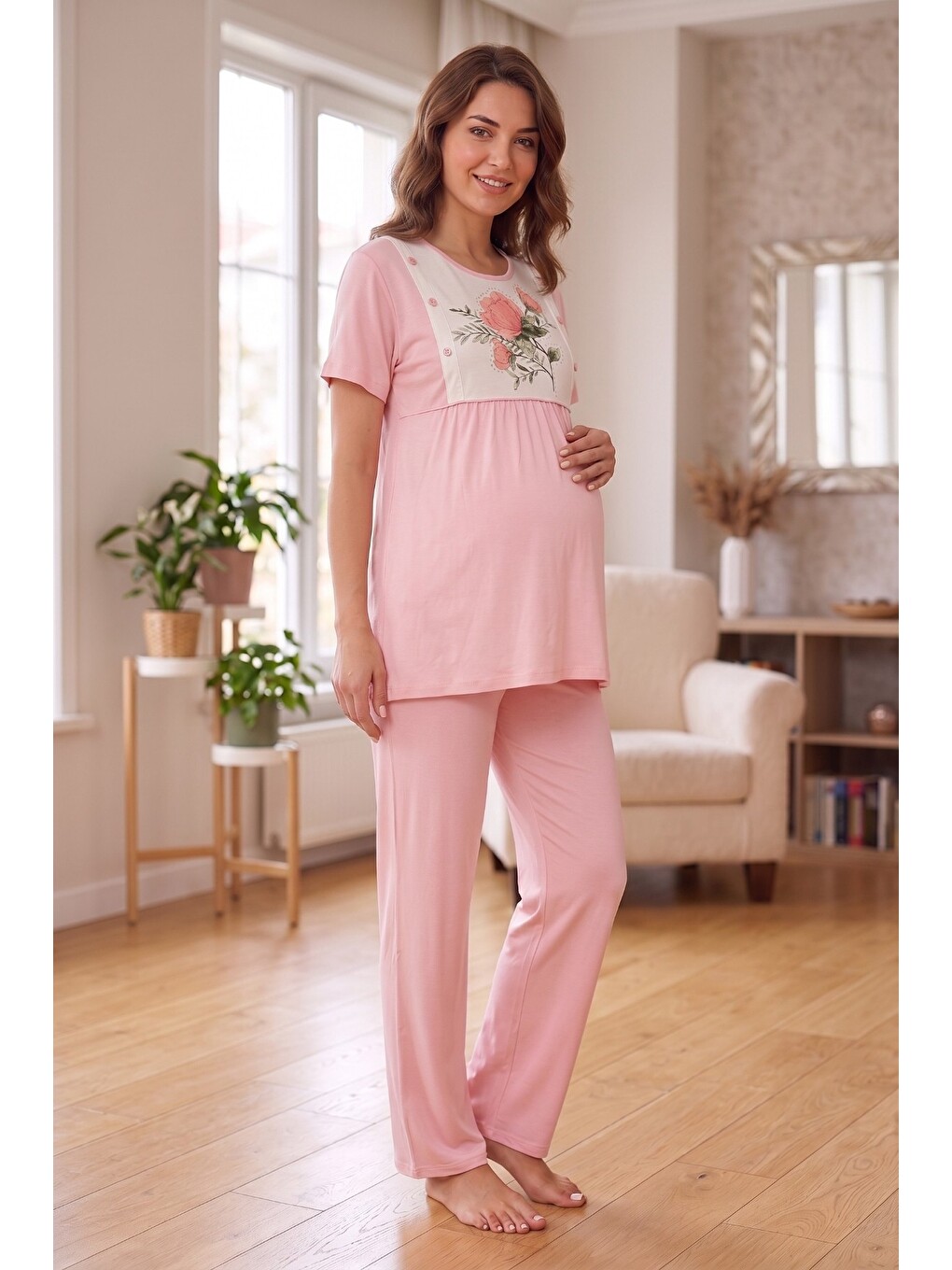 Pembe Rosette Çiçek Desenli Dantel Detaylı Sabahlıklı Hamile Ve Lohusa Pijama Takımı-4
