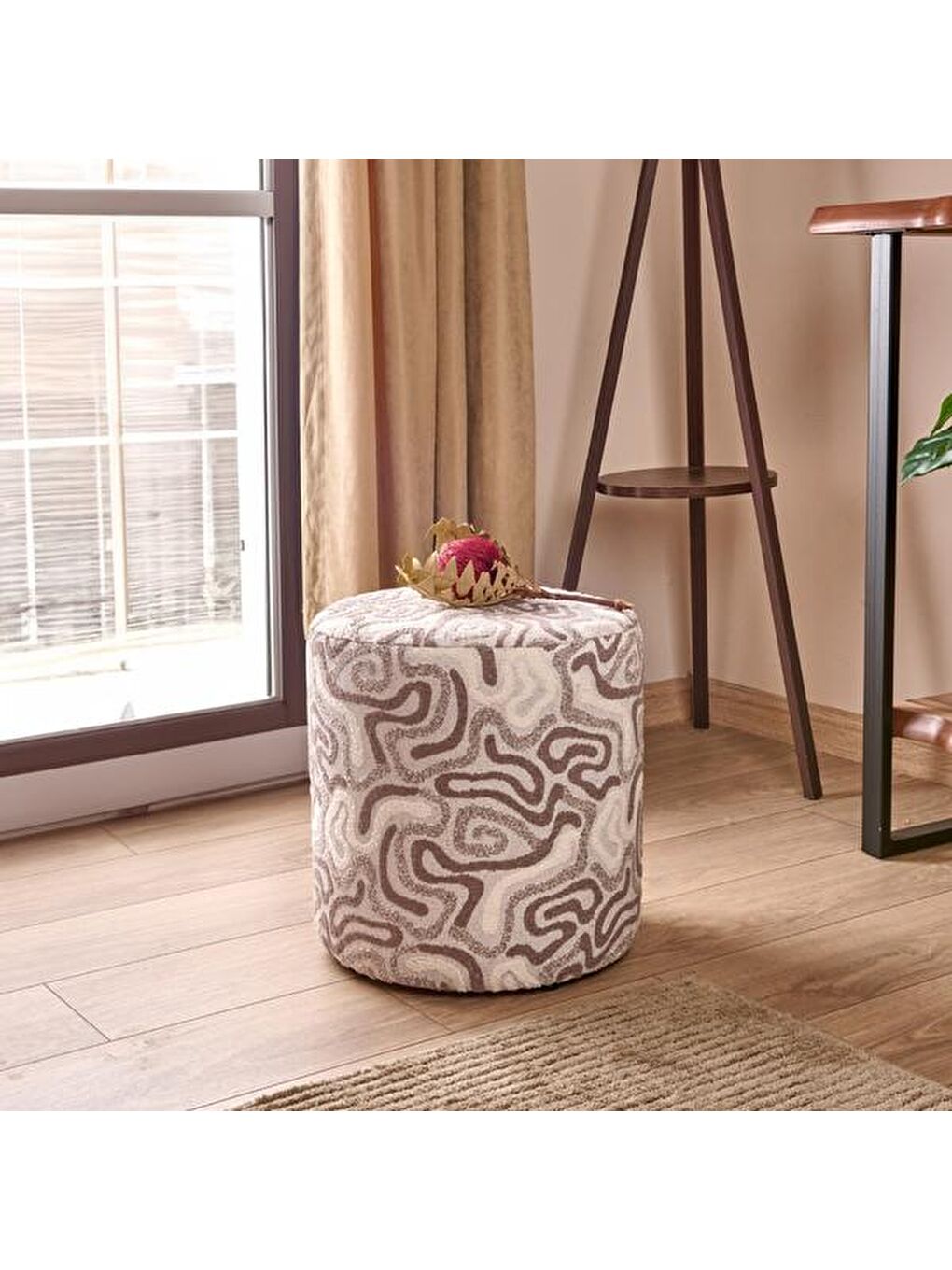 Savona Silindir Desenli Puf - Gri / Kahverengi - 42x38x38 cm