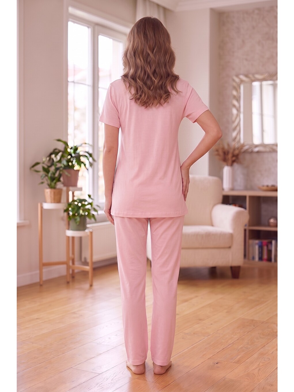 Pembe Rosette Çiçek Desenli Dantel Detaylı Sabahlıklı Hamile Ve Lohusa Pijama Takımı-5