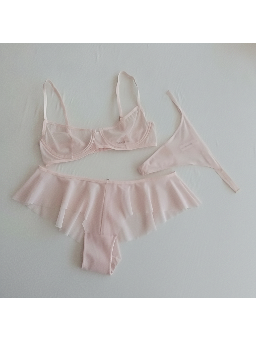 Pembe Kadın Tül Transparan Balenli Sütyen, Checky Ve String Külotlu 3 Lü Paket Bb2618-1