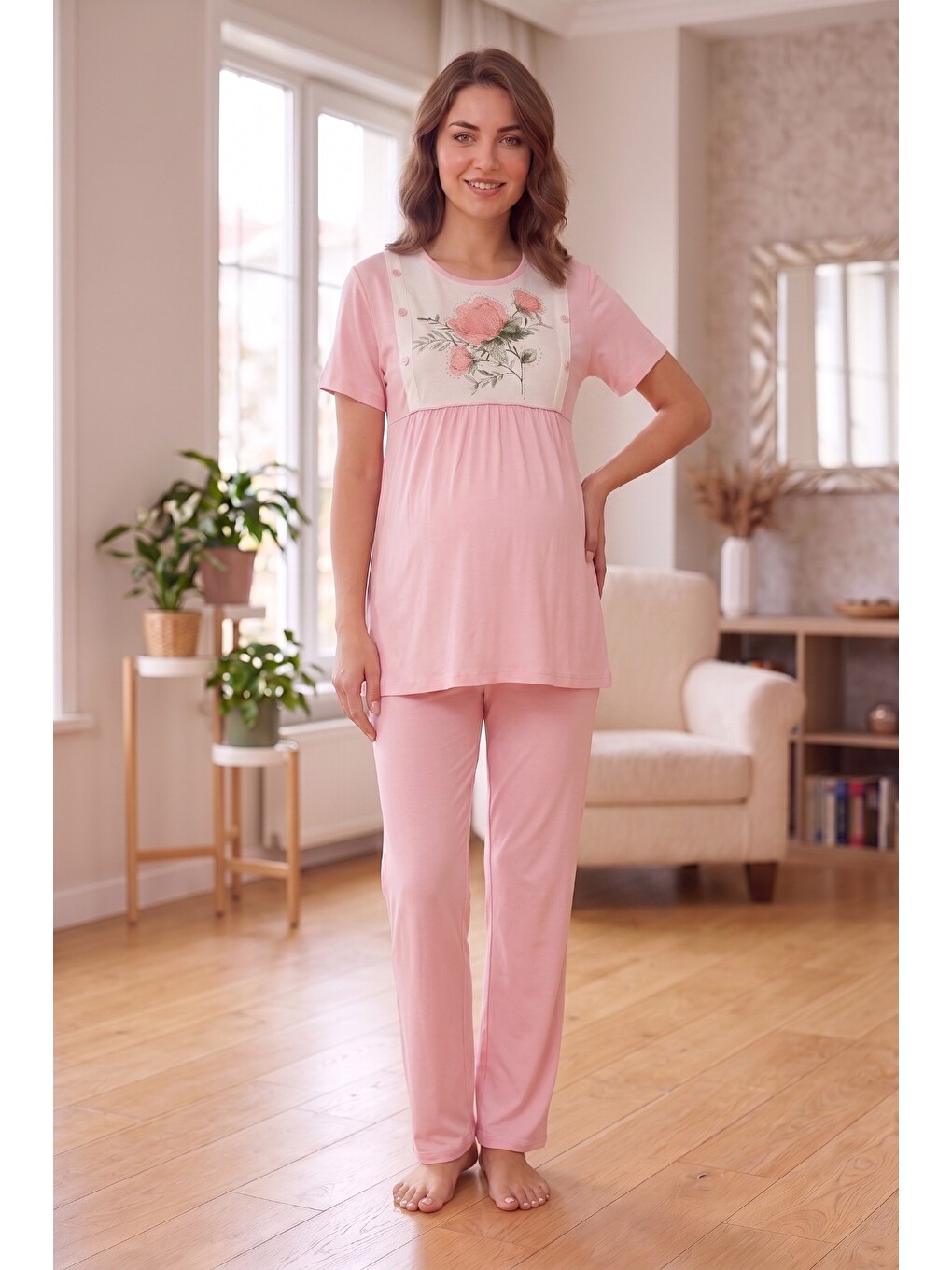 Pembe Rosette Çiçek Desenli Dantel Detaylı Sabahlıklı Hamile Ve Lohusa Pijama Takımı-6
