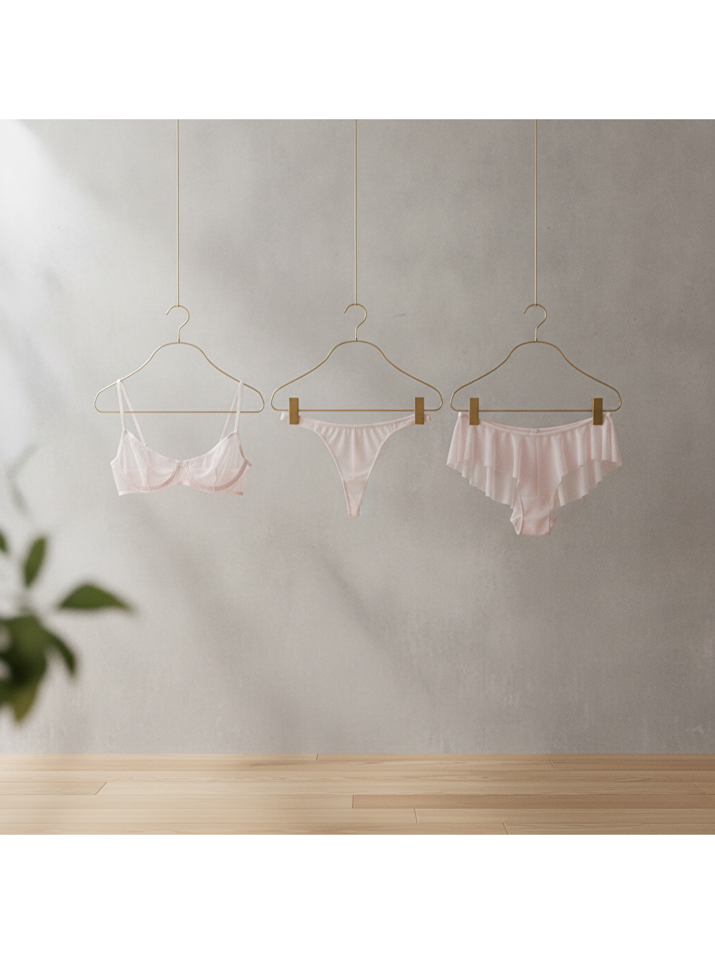Pembe Kadın Tül Transparan Balenli Sütyen, Checky Ve String Külotlu 3 Lü Paket Bb2618-3