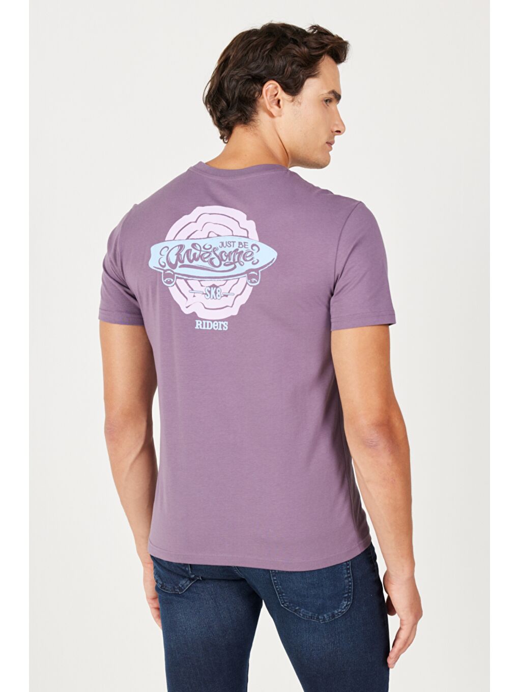 Regular Fit Normal Kesim %100 Pamuk Bisiklet Yaka Mor Tişört-5