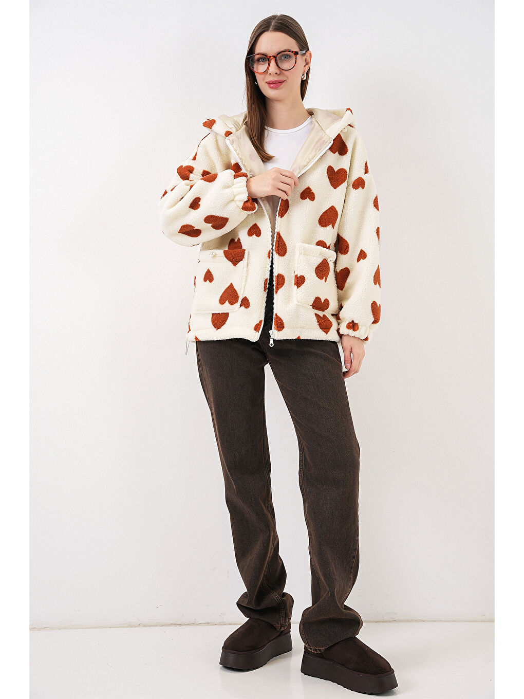 Kahverengi Kadın Kapüşonlu Pelüş Ceket 5236 - Taba-1