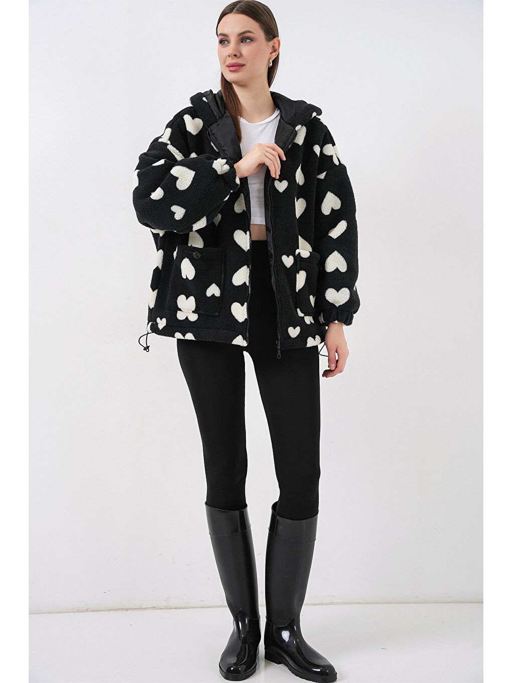 Kadın Kapüşonlu Pelüş Ceket 5236 - Siyah-1