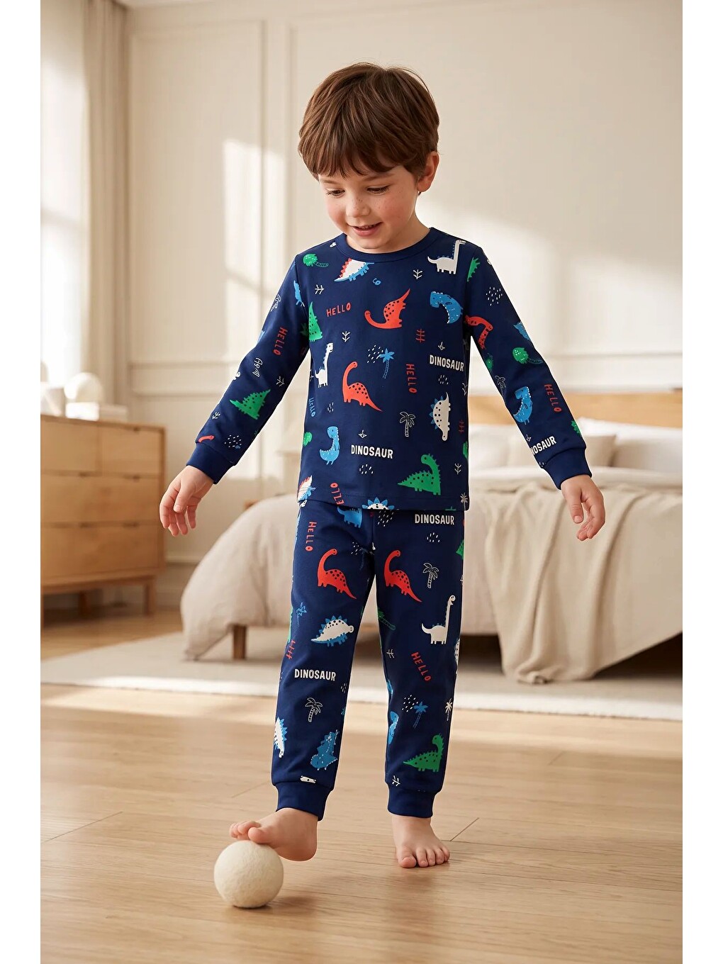 Lacivert Hello Dino Desenli Uzun Kollu Erkek Çocuk İnterlok Pijama Takımı-1