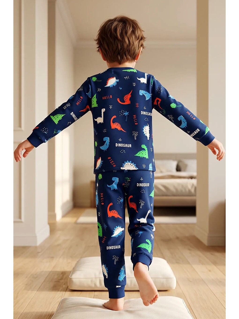 Lacivert Hello Dino Desenli Uzun Kollu Erkek Çocuk İnterlok Pijama Takımı-2