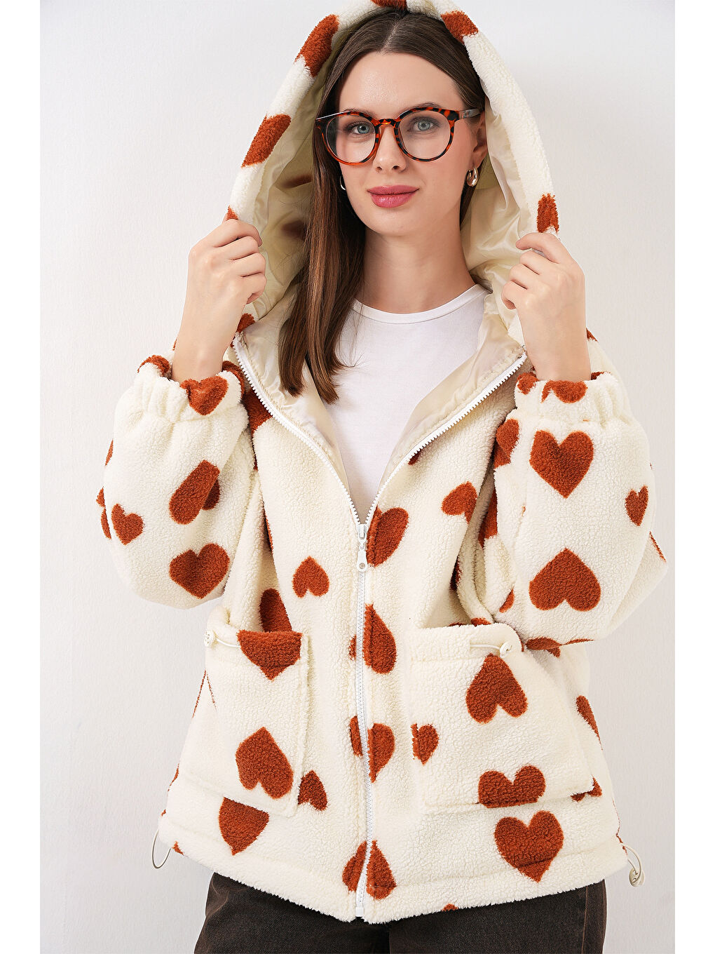 Kahverengi Kadın Kapüşonlu Pelüş Ceket 5236 - Taba-2