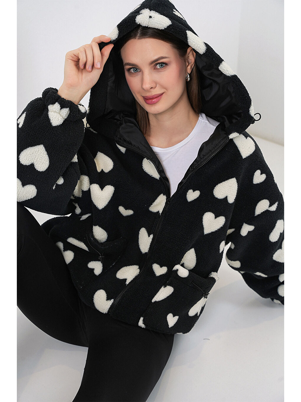 Kadın Kapüşonlu Pelüş Ceket 5236 - Siyah-2