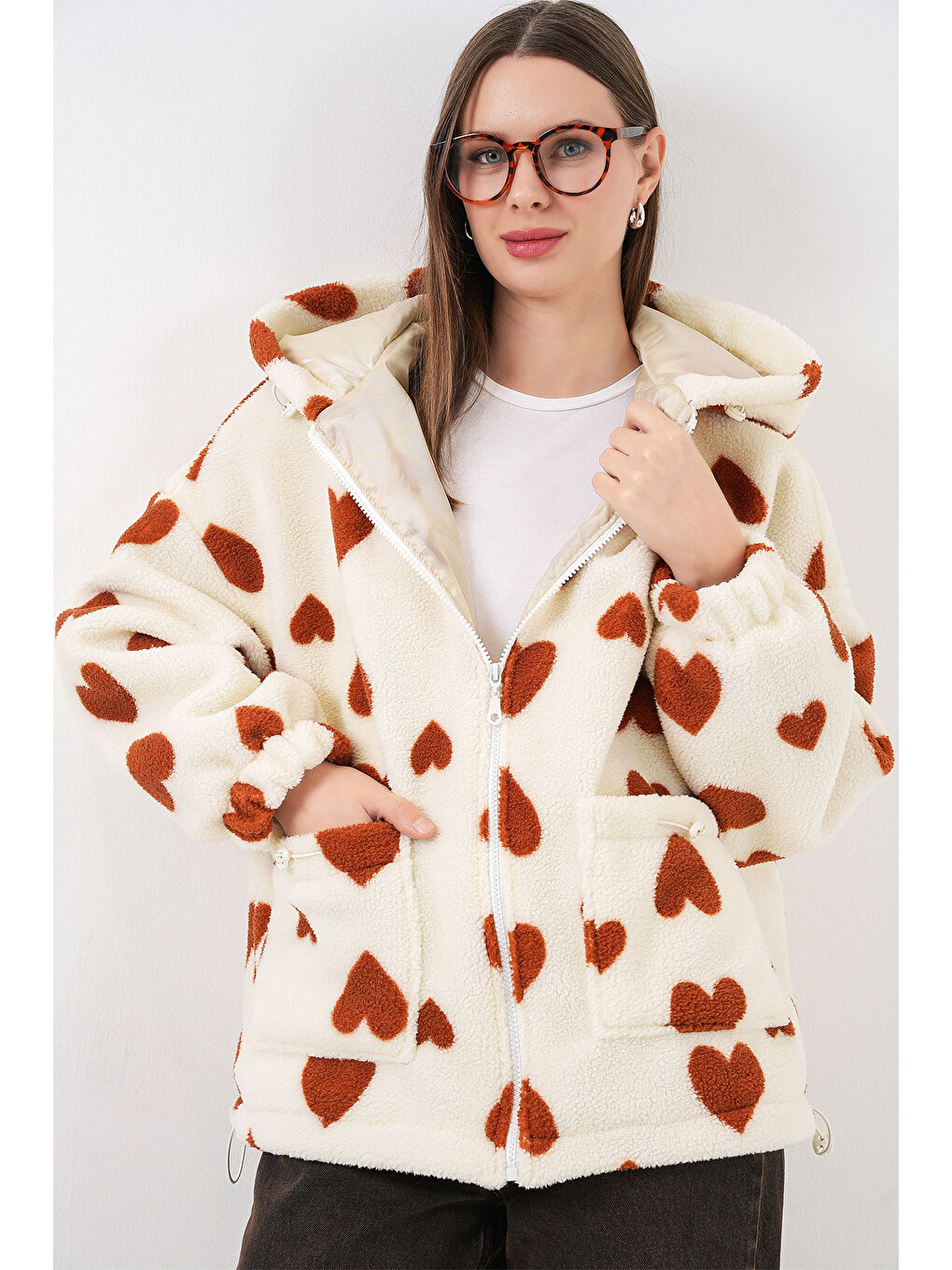 Kahverengi Kadın Kapüşonlu Pelüş Ceket 5236 - Taba-3