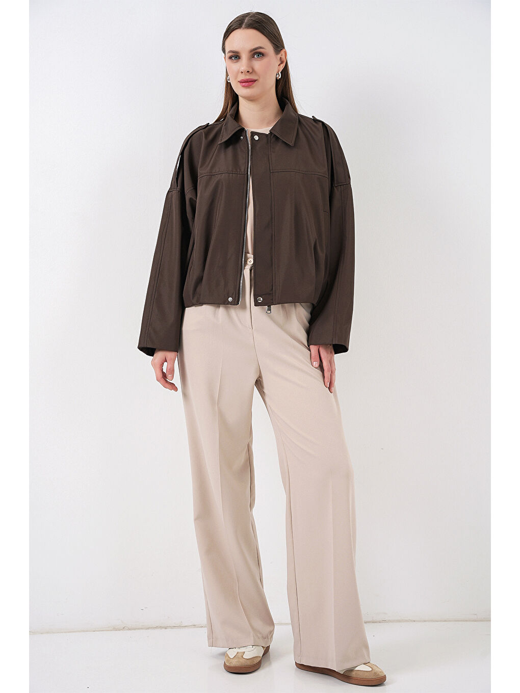 Kadın Oversize Kısa Ceket 0732 - Kahverengi-1