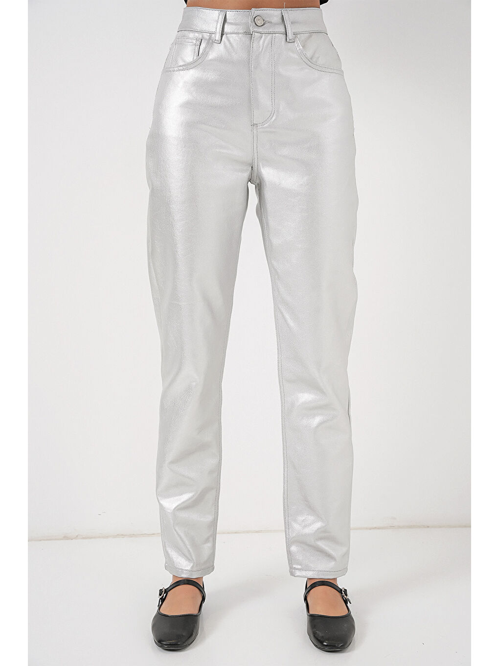 Gri Kadın Yüksek Bel Parlak Pantolon 6738 - Gümüş-1