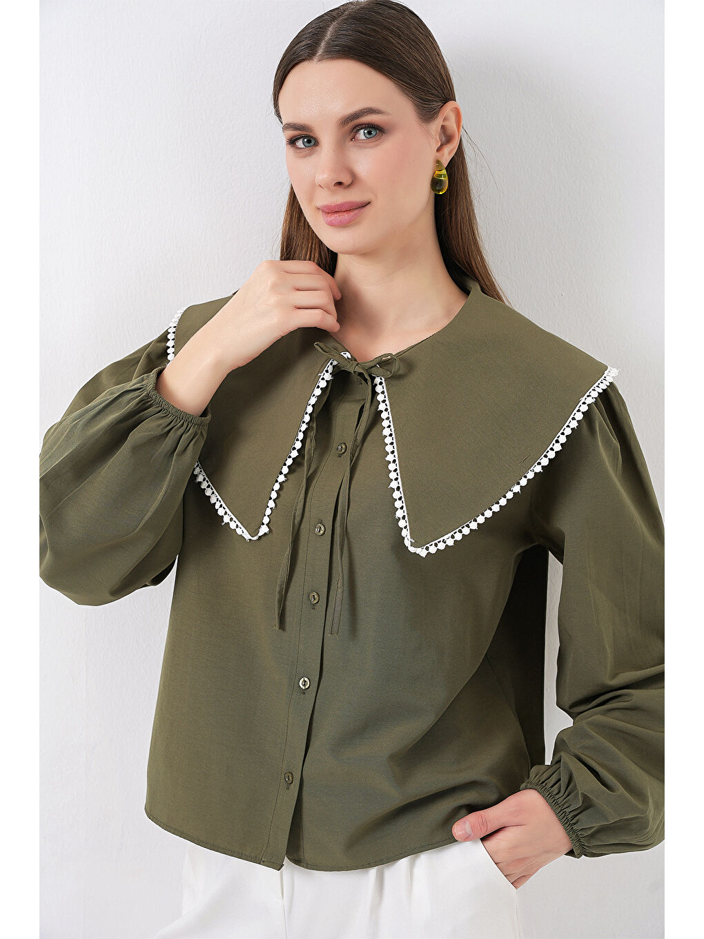 Kadın Bebe Yaka Gömlek 20314 - Haki-4