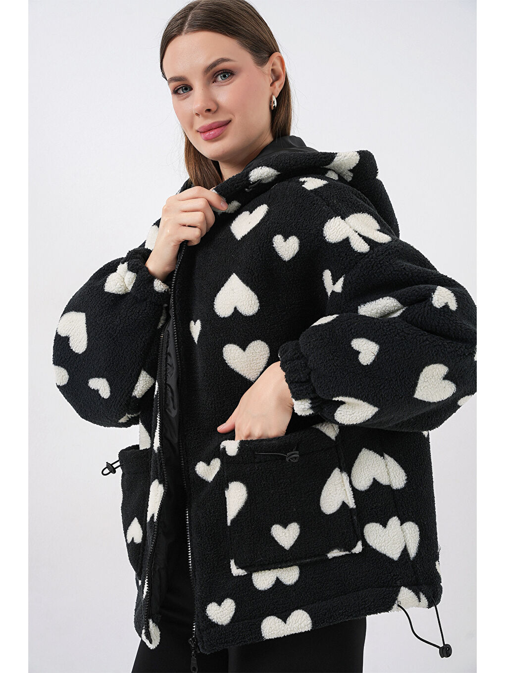 Kadın Kapüşonlu Pelüş Ceket 5236 - Siyah-3
