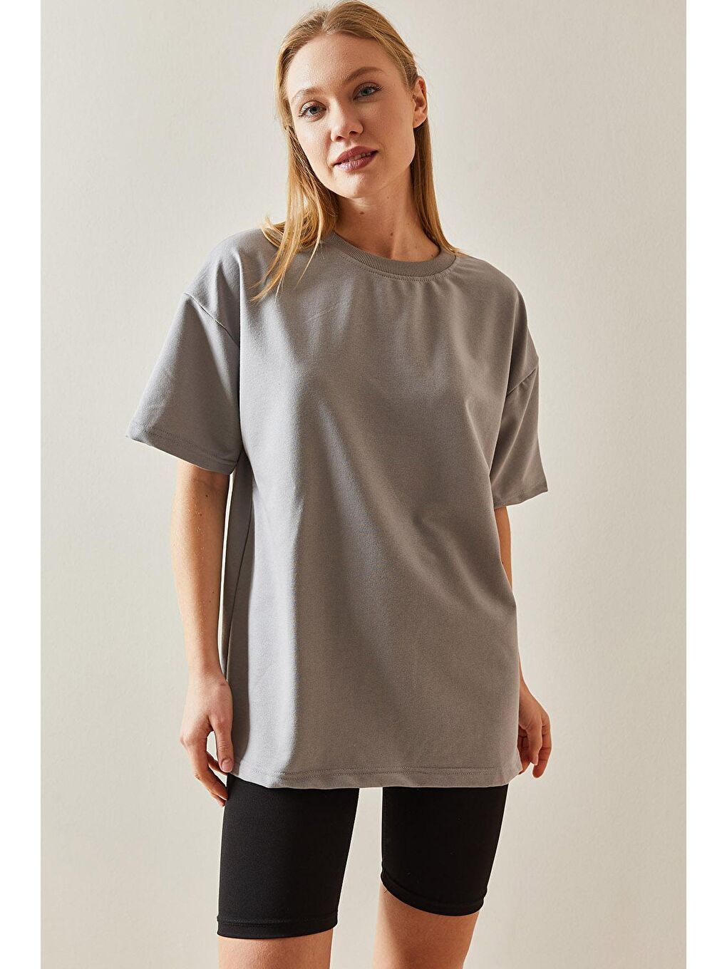 XHAN Gri Gümüş Oversize Basic T-Shirt 3YXK1-47087-23 - 4