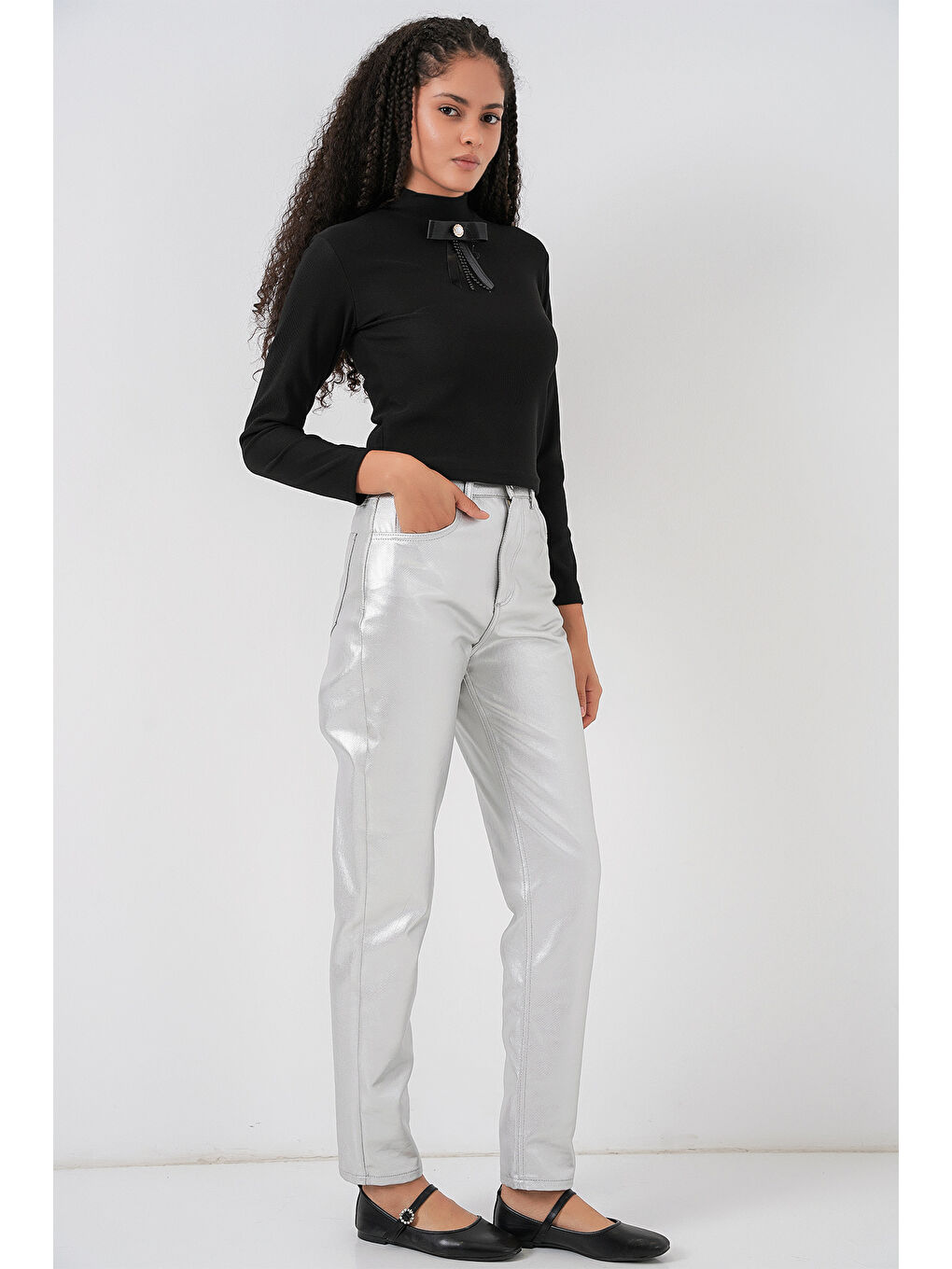 Gri Kadın Yüksek Bel Parlak Pantolon 6738 - Gümüş-2