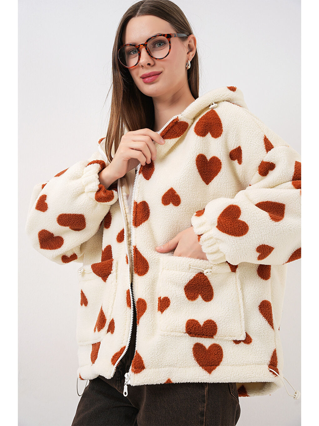 Kahverengi Kadın Kapüşonlu Pelüş Ceket 5236 - Taba-4