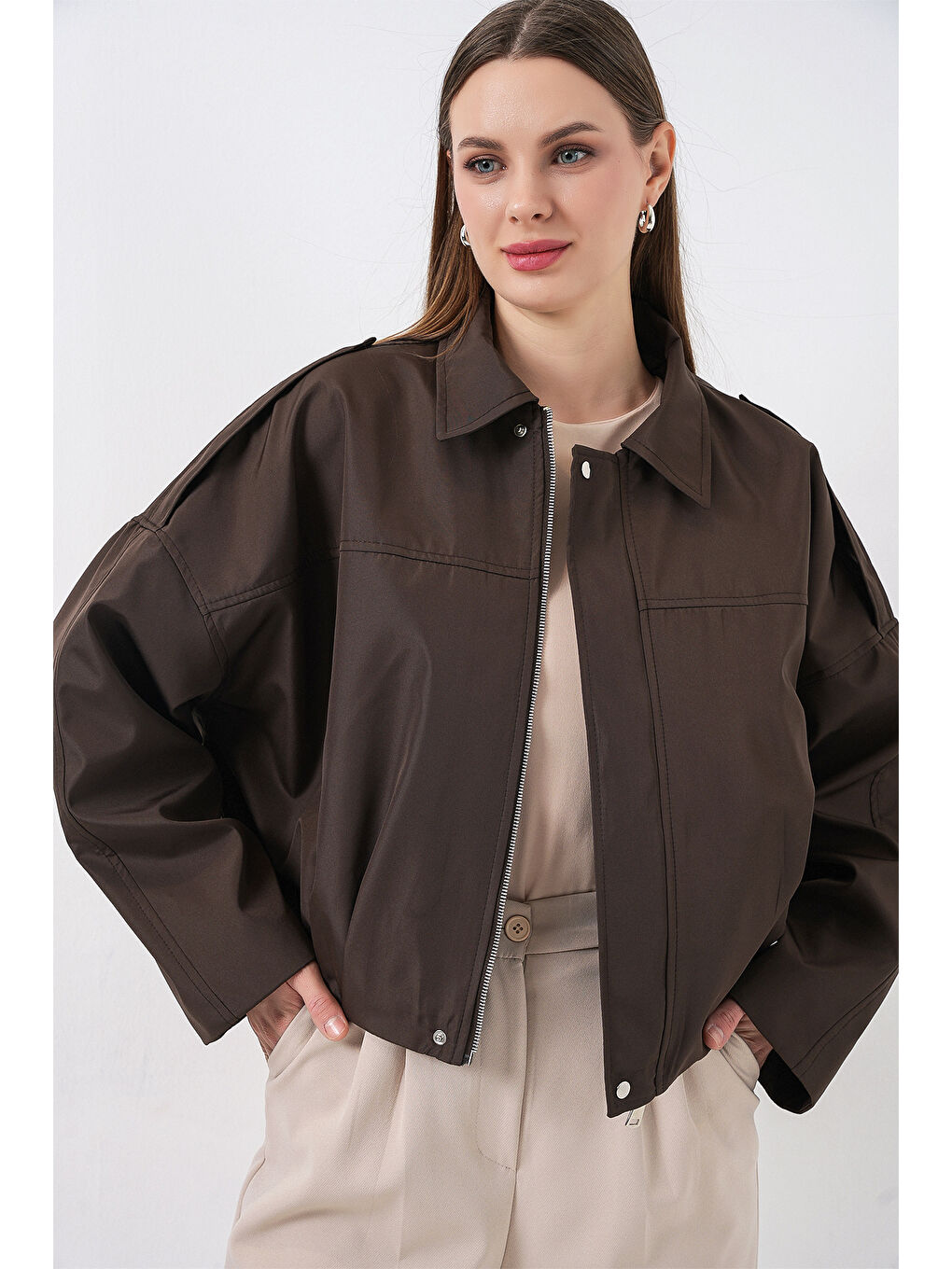 Kadın Oversize Kısa Ceket 0732 - Kahverengi-2