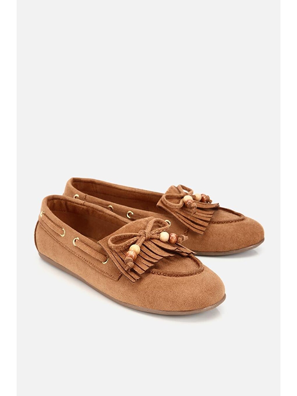 Kahverengi Kadın Taba Süet Fiyonk Detaylı Bağcıklı Loafer-1