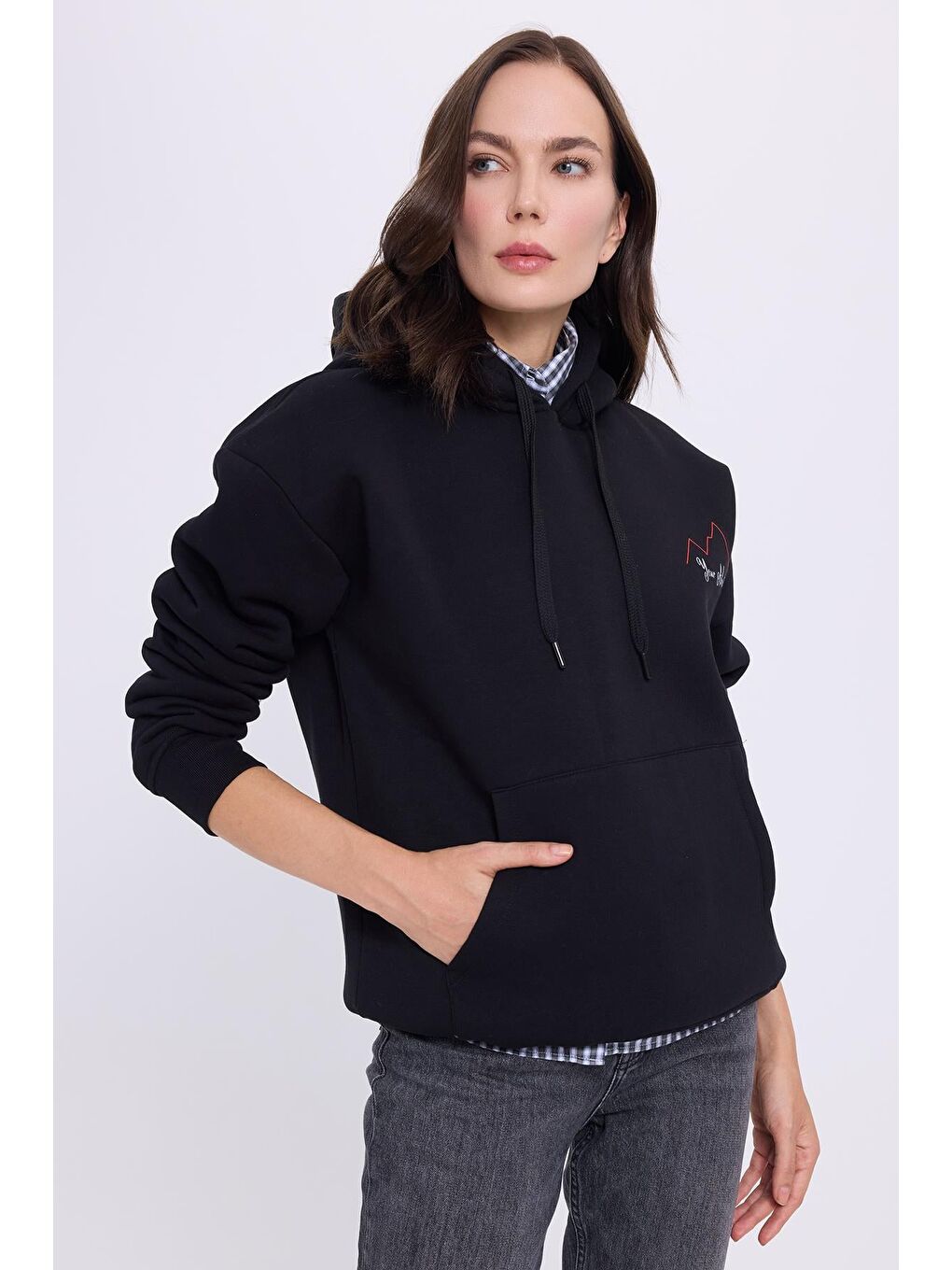 Kadın Oversize Geniş Kesim Pamuklu Yumuşak Dokulu İçi Polarlı Baskılı Siyah Kapüşonlu Sweatshirt-1
