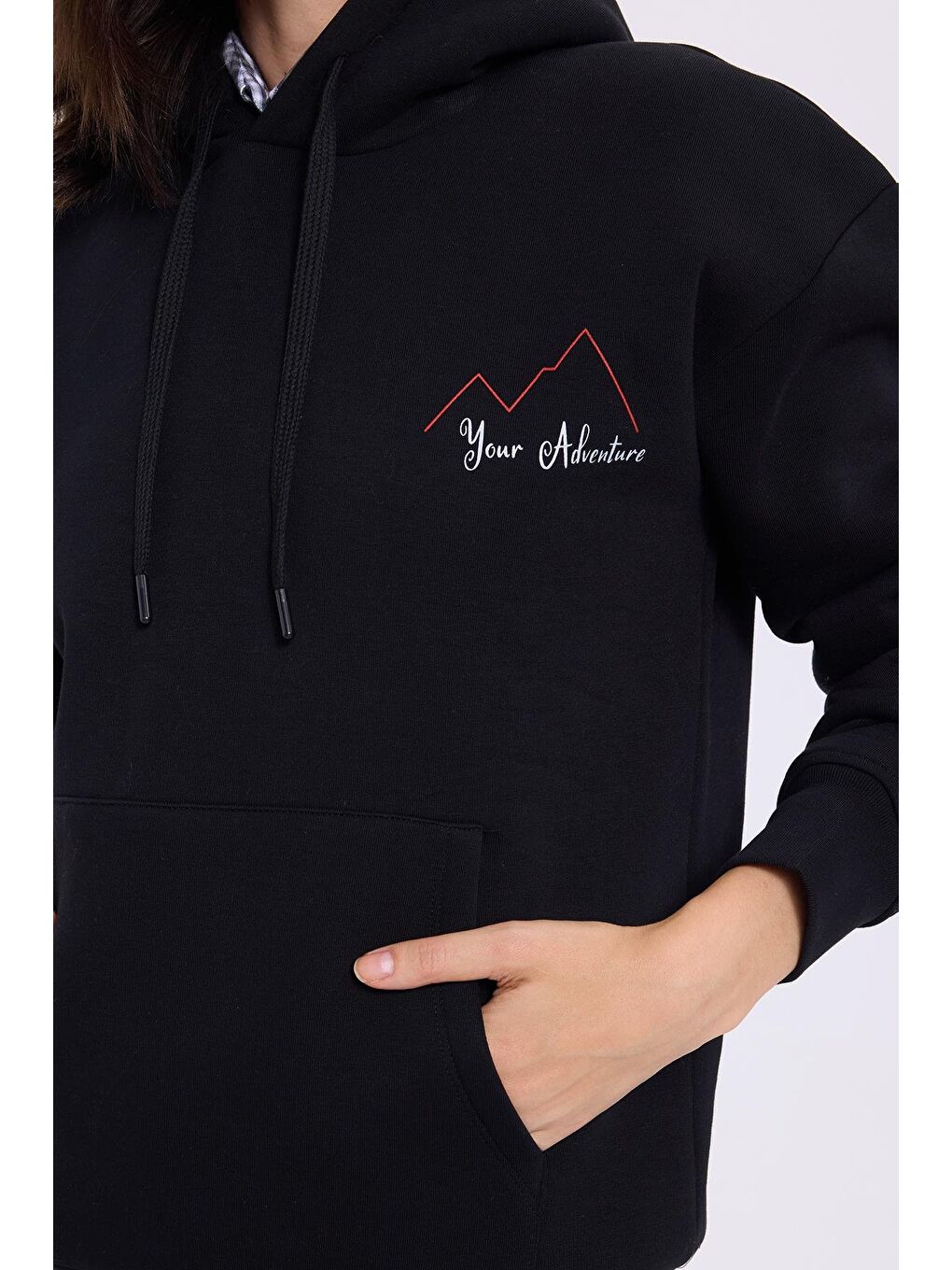 Kadın Oversize Geniş Kesim Pamuklu Yumuşak Dokulu İçi Polarlı Baskılı Siyah Kapüşonlu Sweatshirt-2