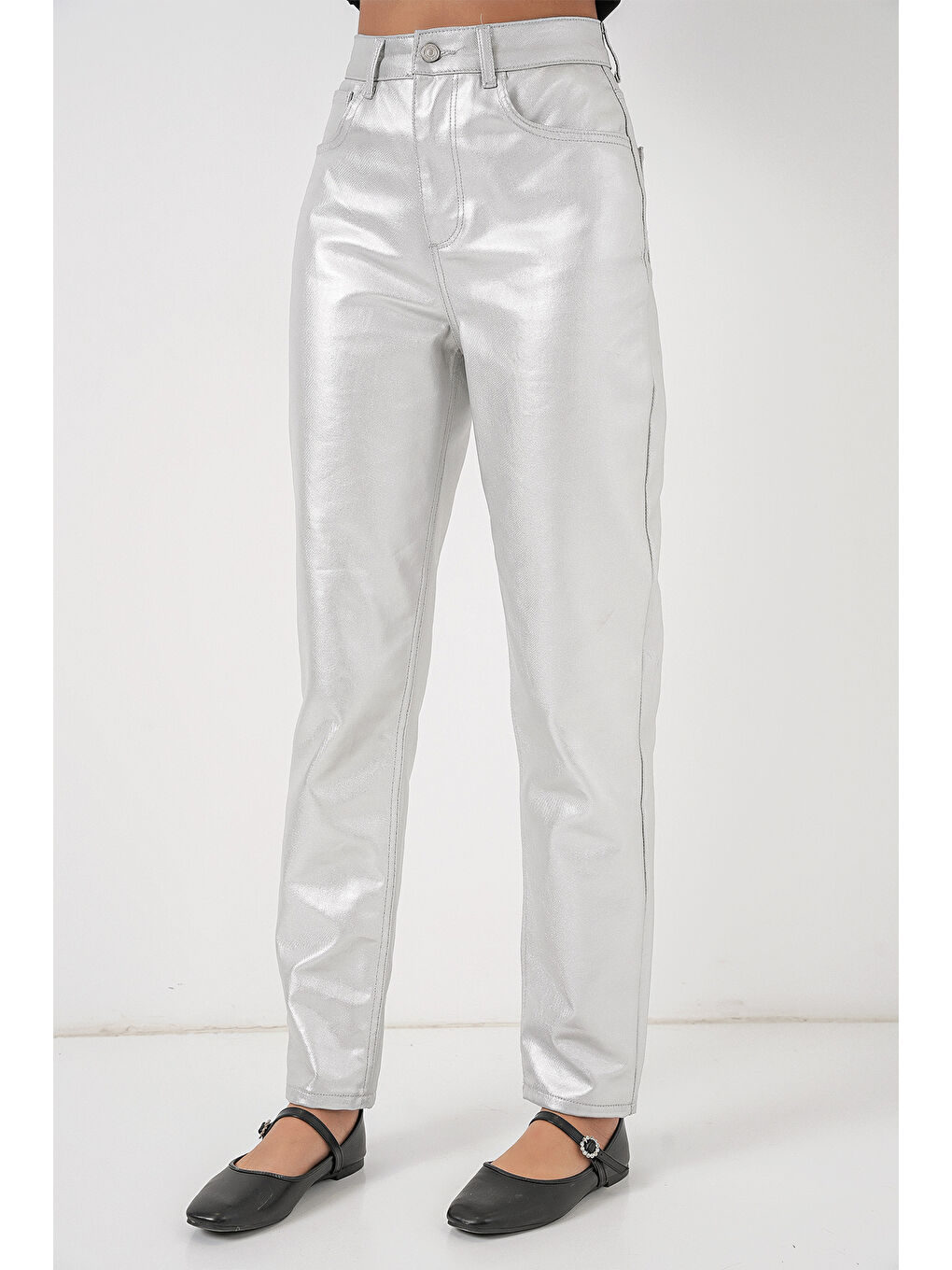 Gri Kadın Yüksek Bel Parlak Pantolon 6738 - Gümüş-4