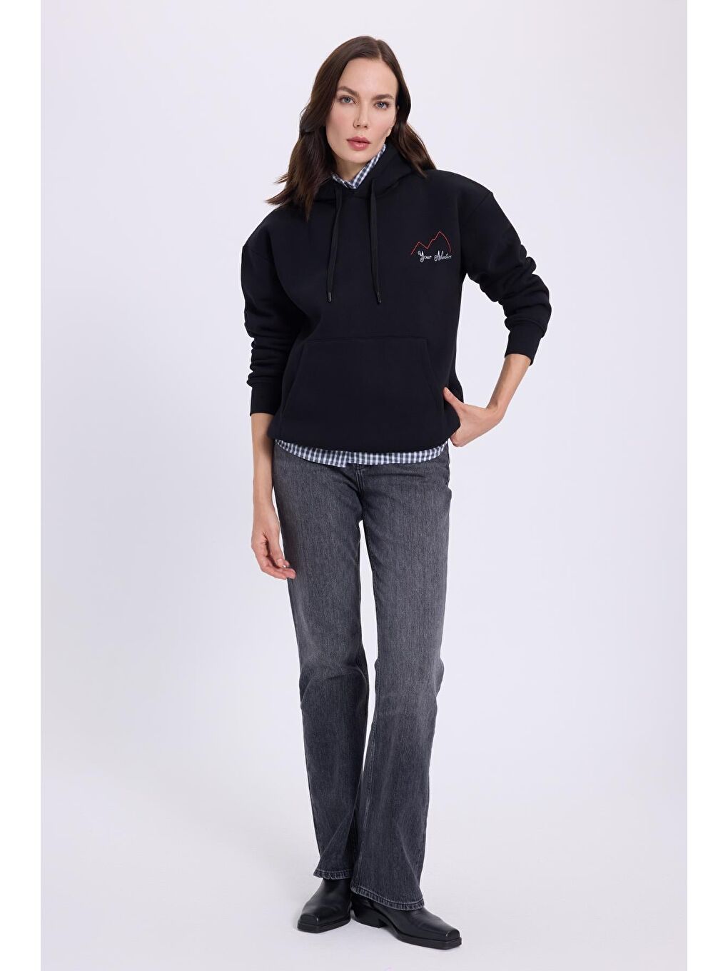 Kadın Oversize Geniş Kesim Pamuklu Yumuşak Dokulu İçi Polarlı Baskılı Siyah Kapüşonlu Sweatshirt-3