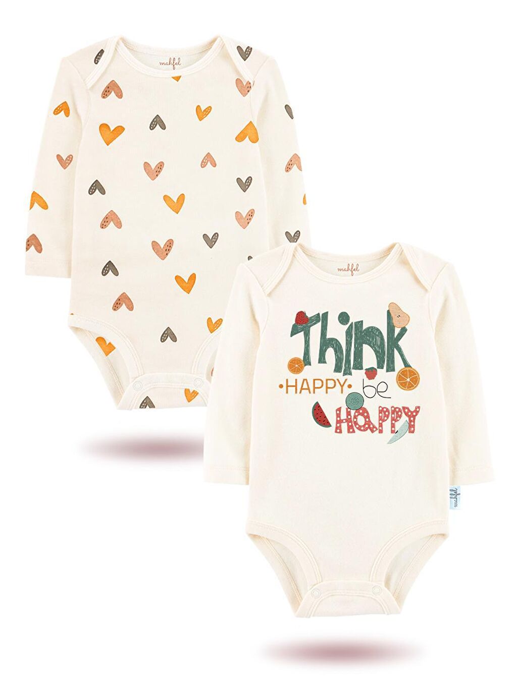 MAHFEL Ekru 2'Li " THİNK HAPPY BE HAPPY "Baskılı Uzun Kollu Unisex Bebek Çıtçıtlı Body