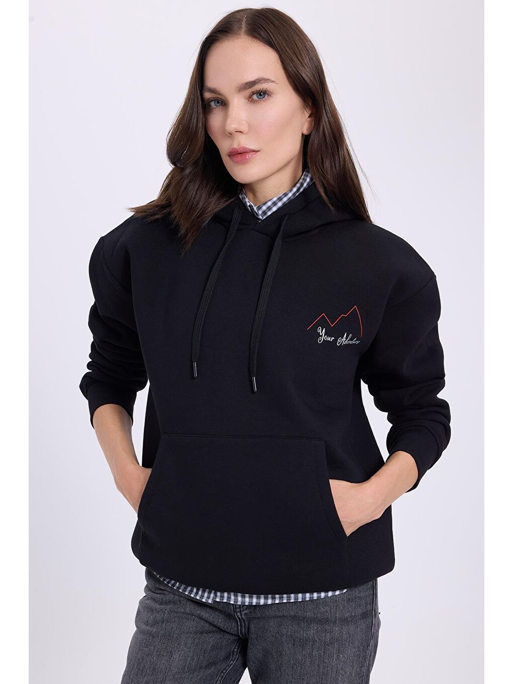 Kadın Oversize Geniş Kesim Pamuklu Yumuşak Dokulu İçi Polarlı Baskılı Siyah Kapüşonlu Sweatshirt-4