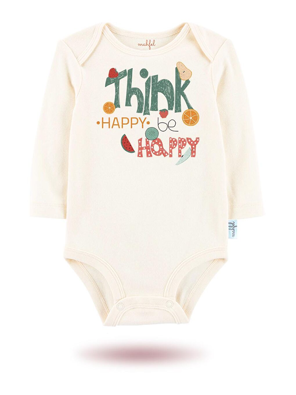 MAHFEL Ekru 2'Li " THİNK HAPPY BE HAPPY "Baskılı Uzun Kollu Unisex Bebek Çıtçıtlı Body - 1